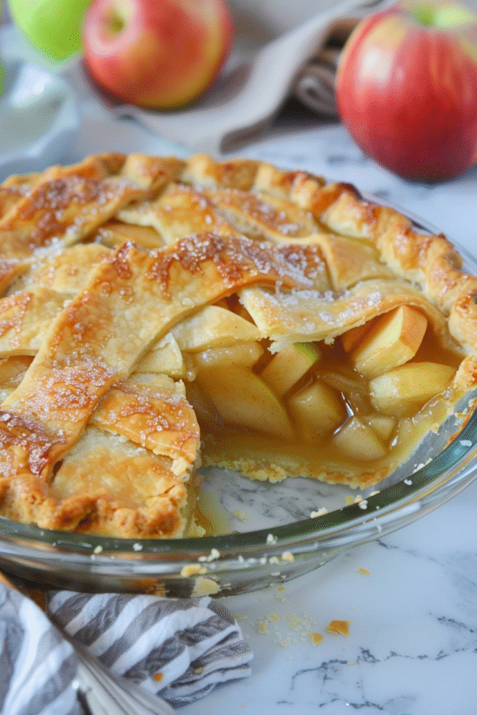 Close-up of a gluten-free apple pie with golden crust and cinnamon apple filling in a rustic dish