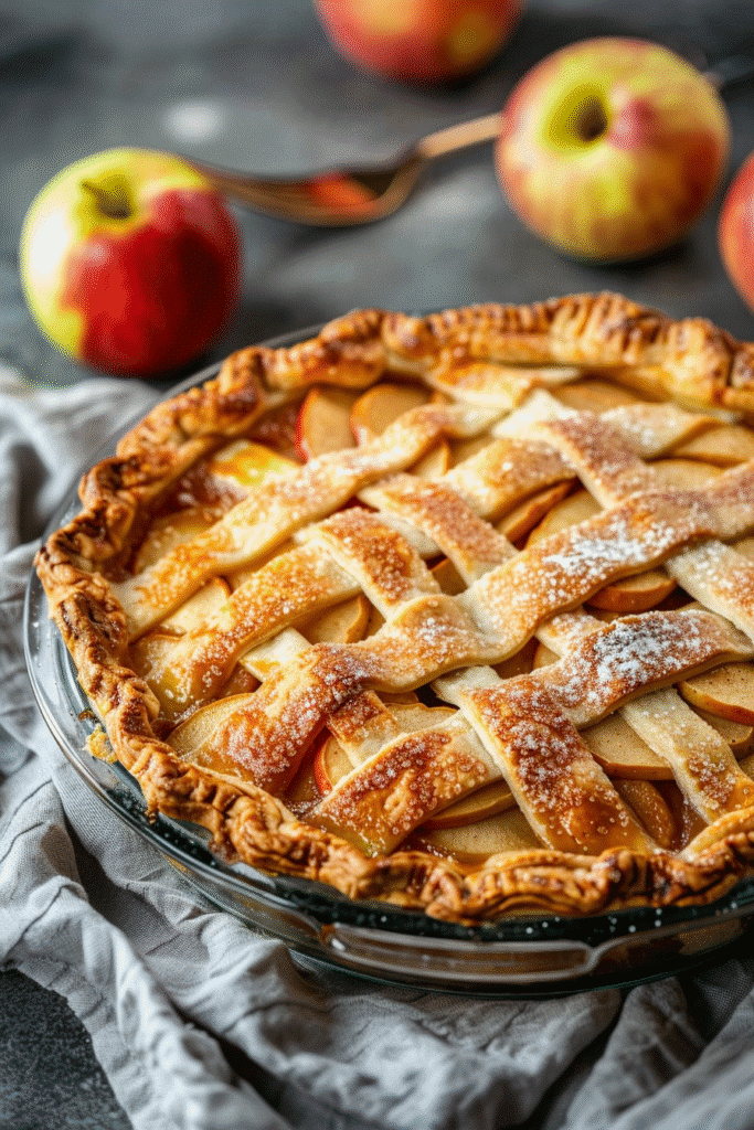 Rustic French apple pie with golden crust and spiced apple filling