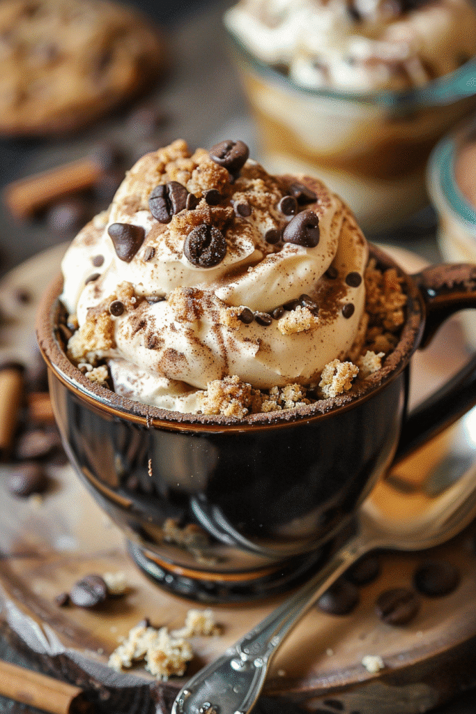 Close-up of Java Chip and Mocha Cookie Crumble desserts in a rustic ceramic bowl