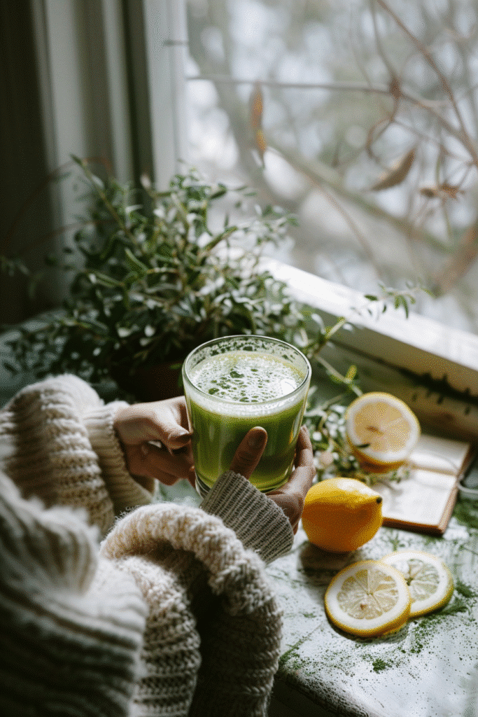 Woman holding a green juice with journal and sunlight