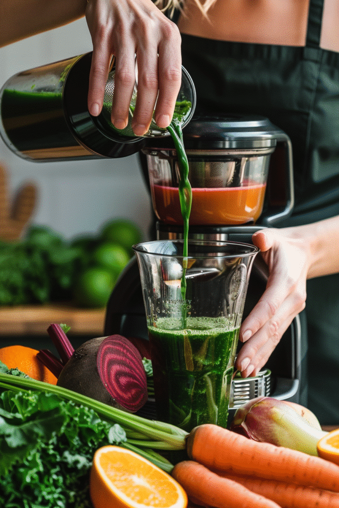 Juicing fresh produce step by step in a cozy kitchen
