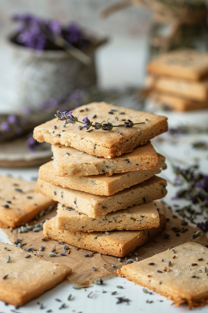 Buttery shortbread cookies infused with lavender and Earl Grey served in a rustic ceramic bowl