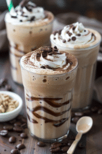 Creamy mocha cookie frappuccino served in a cozy kitchen setting