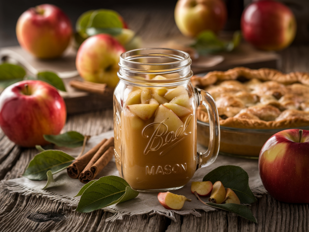 A jar of homemade canned apple pie filling surrounded by apples, cinnamon sticks, and a pie on a rustic table.