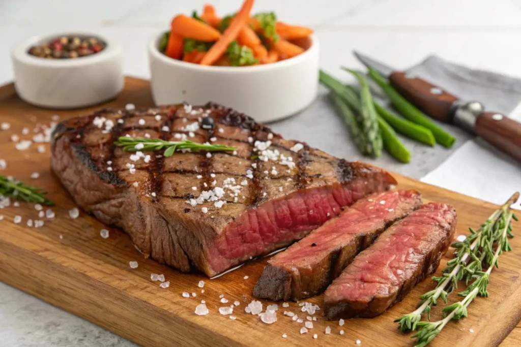 Spinalis steak being seared in a cast-iron skillet.