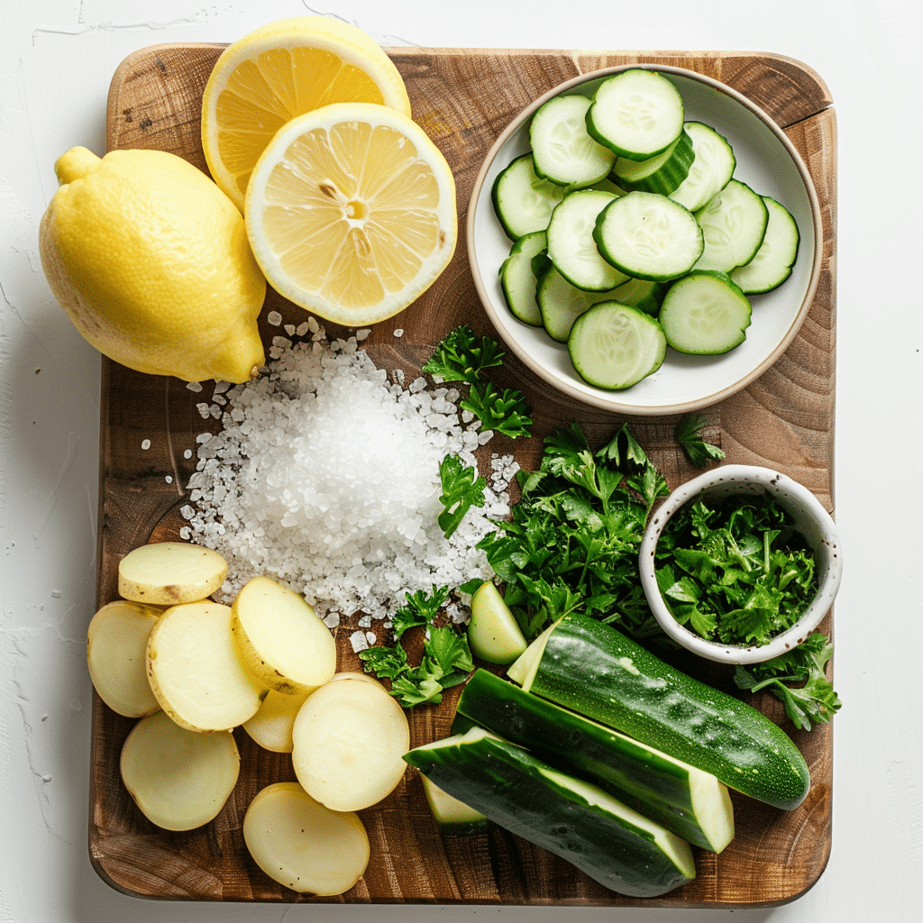 Ingredients for potato fasting recipe arranged on board