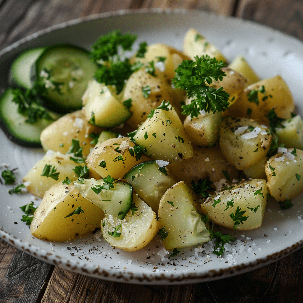 Plain boiled potatoes on a plate with herbs and sliced vegetables