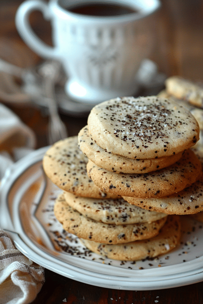 A rustic bowl filled with golden Earl Grey Tea Cookies on a wooden table