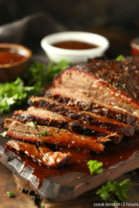 Quick and tender brisket cooked in 2 hours, served in a rustic ceramic bowl with colorful veggies