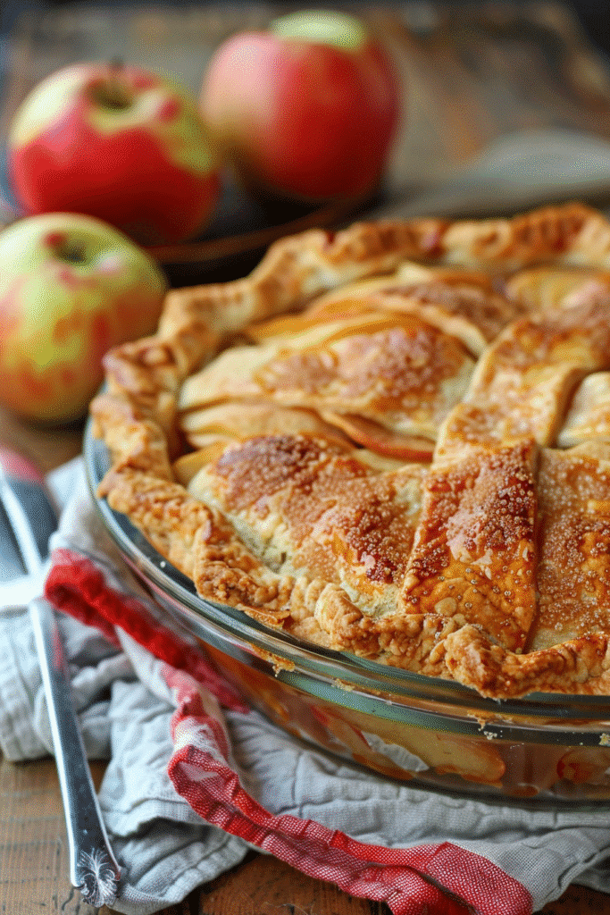 Close-up of a rustic apple pie with flaky golden crust