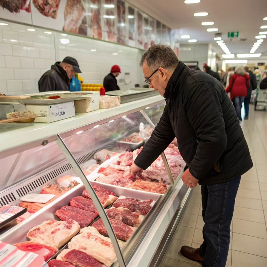 A butcher displaying fresh beef bones including marrow, knuckle, and shank bones on a wooden counter.