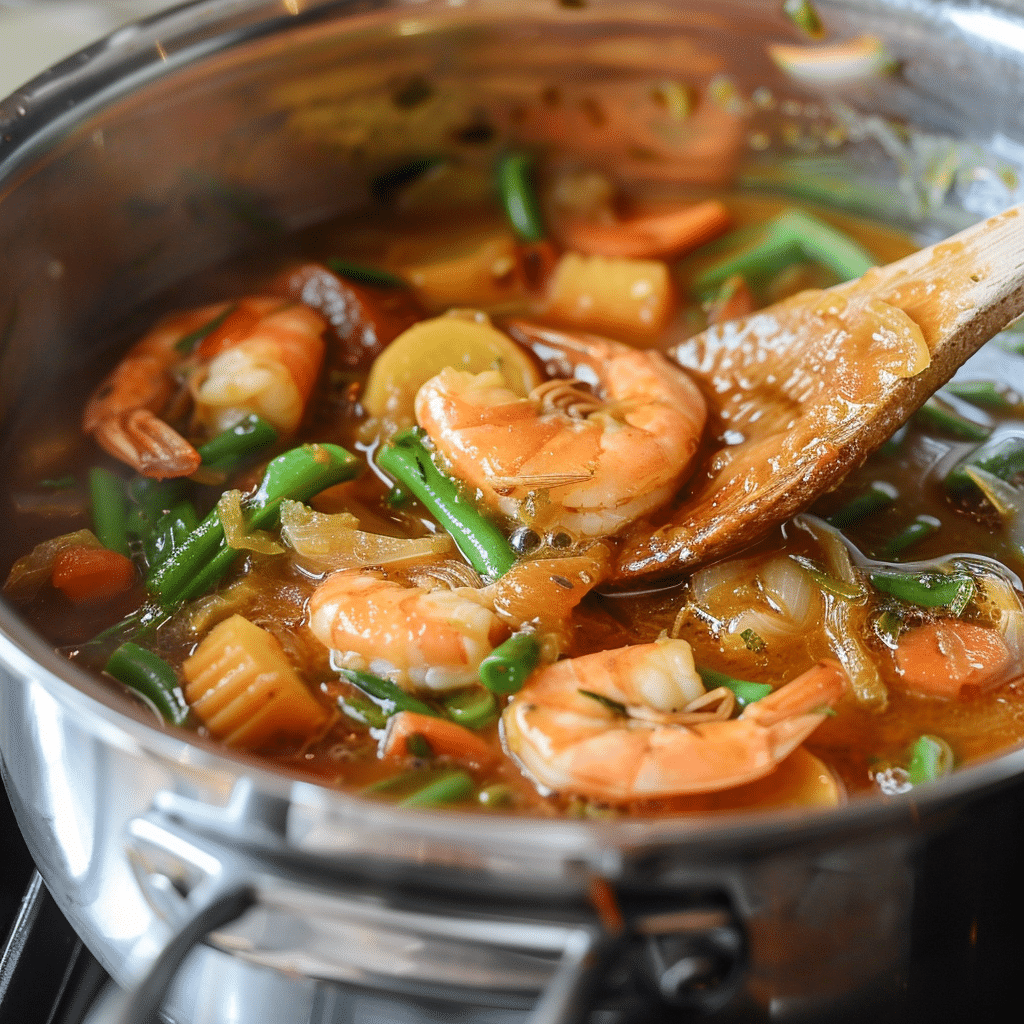 Shrimp and vegetables simmering in sinigang broth