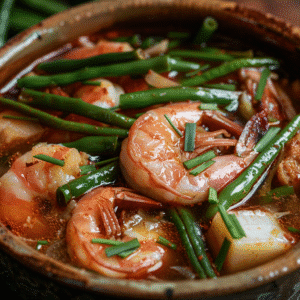 Close-up of Sinigang na Hipon with shrimp and vegetables in tamarind broth