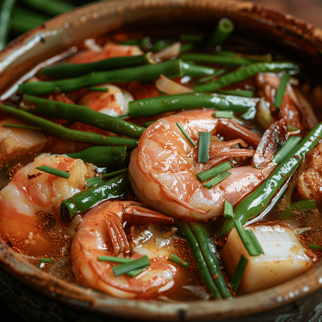Close-up of Sinigang na Hipon with shrimp and vegetables in tamarind broth