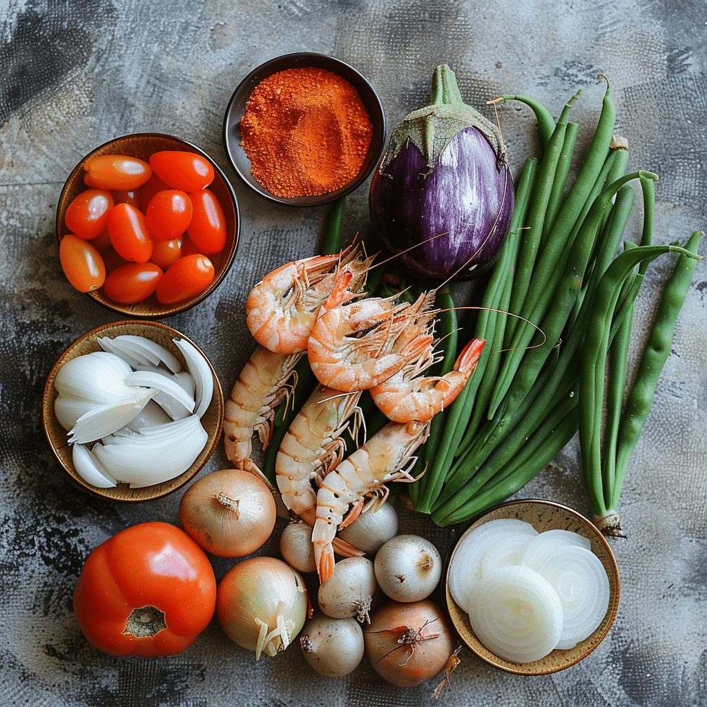 Flat lay of fresh ingredients for shrimp sinigang