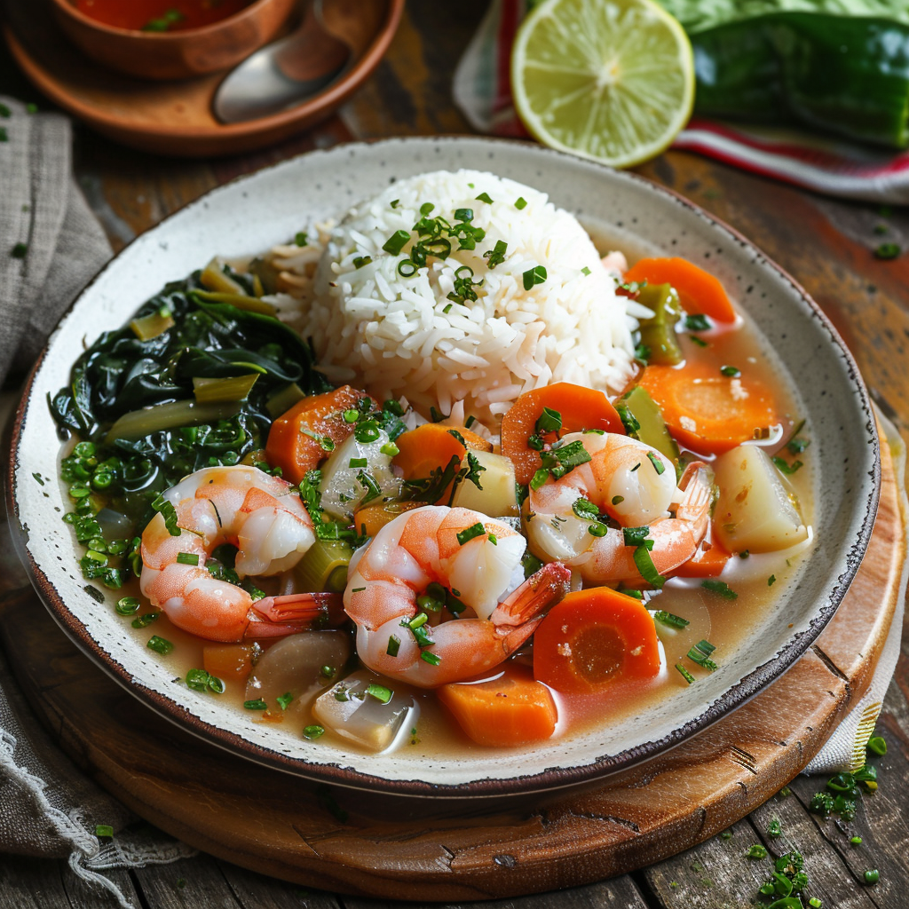 Bowl of Sinigang na Hipon with white rice on the side