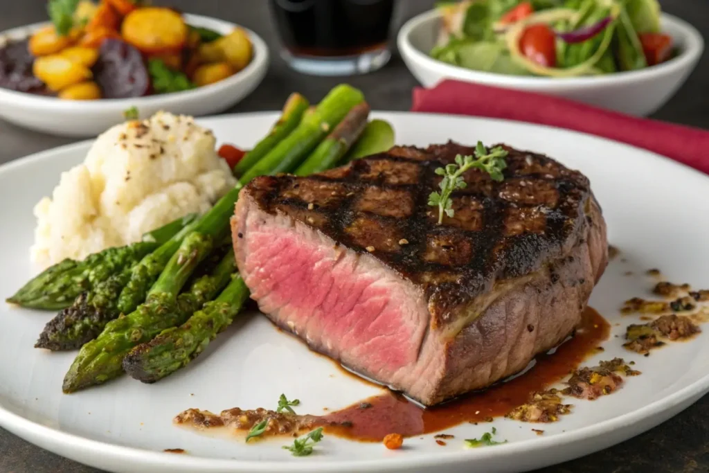 Spinalis steak served with mashed potatoes, asparagus, and wine.