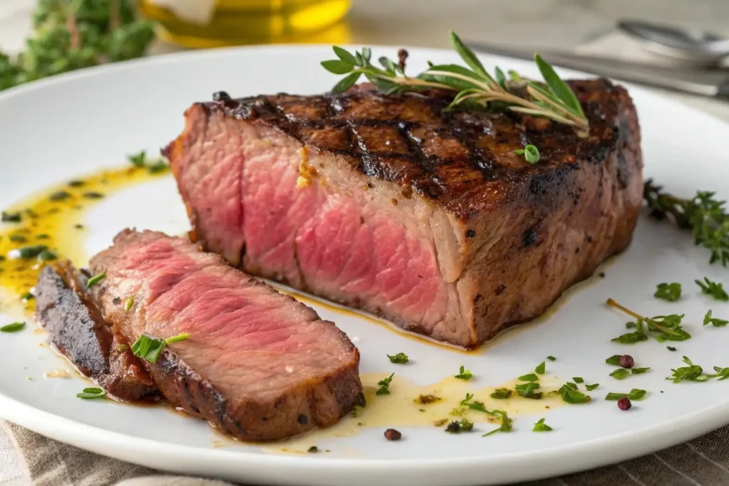 Perfectly cooked spinalis steak on a cutting board with rosemary and garlic.