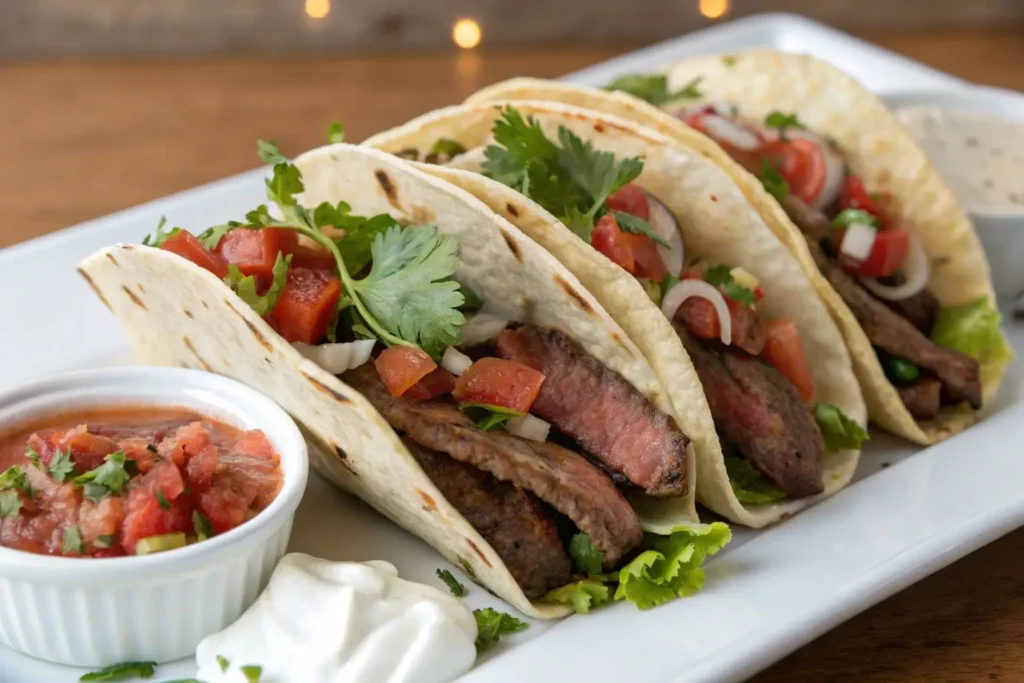 Spinalis steak tacos with fresh toppings.
