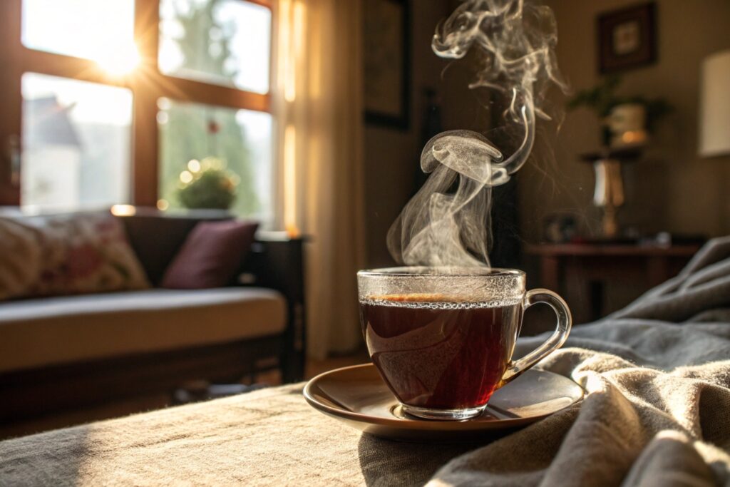 steaming cup of black tea on a wooden table with scattered tea leaves.