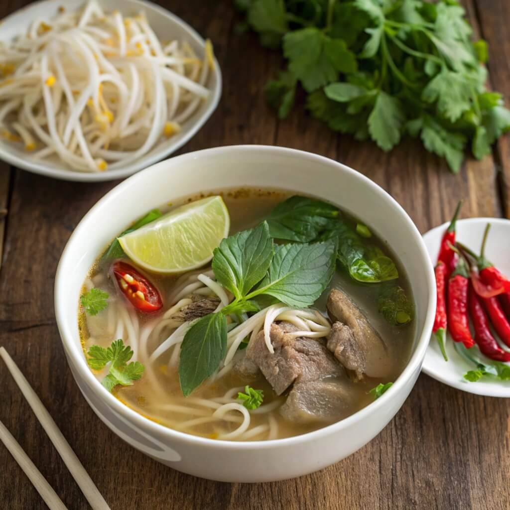 A bowl of traditional Vietnamese pho with beef bones, beef slices, fresh herbs, lime, and chili.