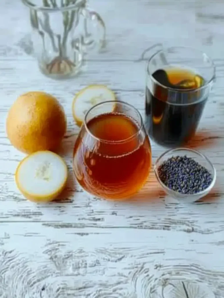 Culinary lavender and Earl Grey go together buds, Earl Grey tea bags, golden honey, butter, and vanilla extract arranged on a wooden board with a vintage teaspoon.