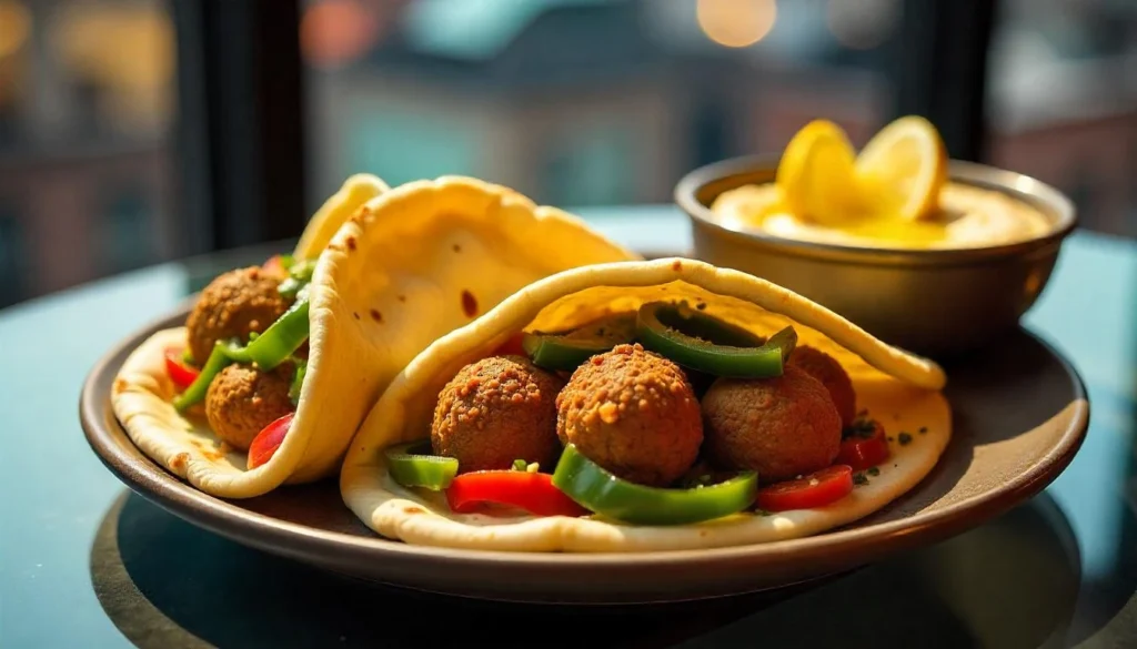 Pita pockets stuffed with falafel, vegetables, and tahini sauce on a platter with hummus and lemon wedges.