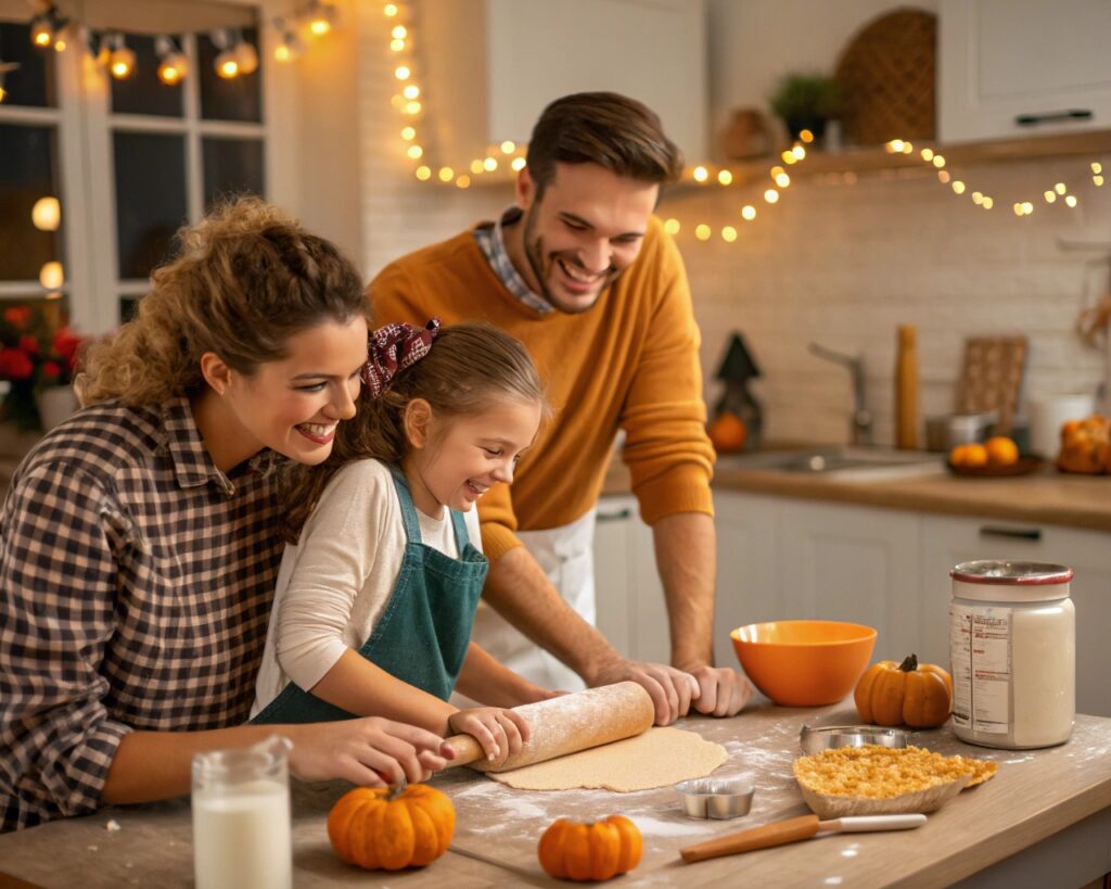 Family Baking With Canned Pumpkin In A Cozy Kitchen