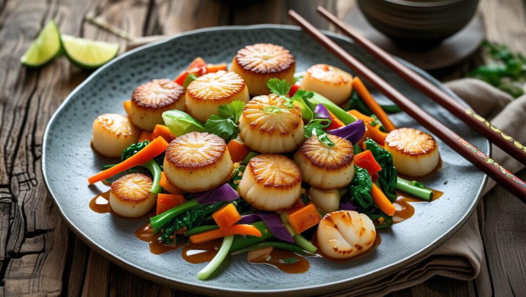 Fishcakes And Scallops Stir Fry Dish