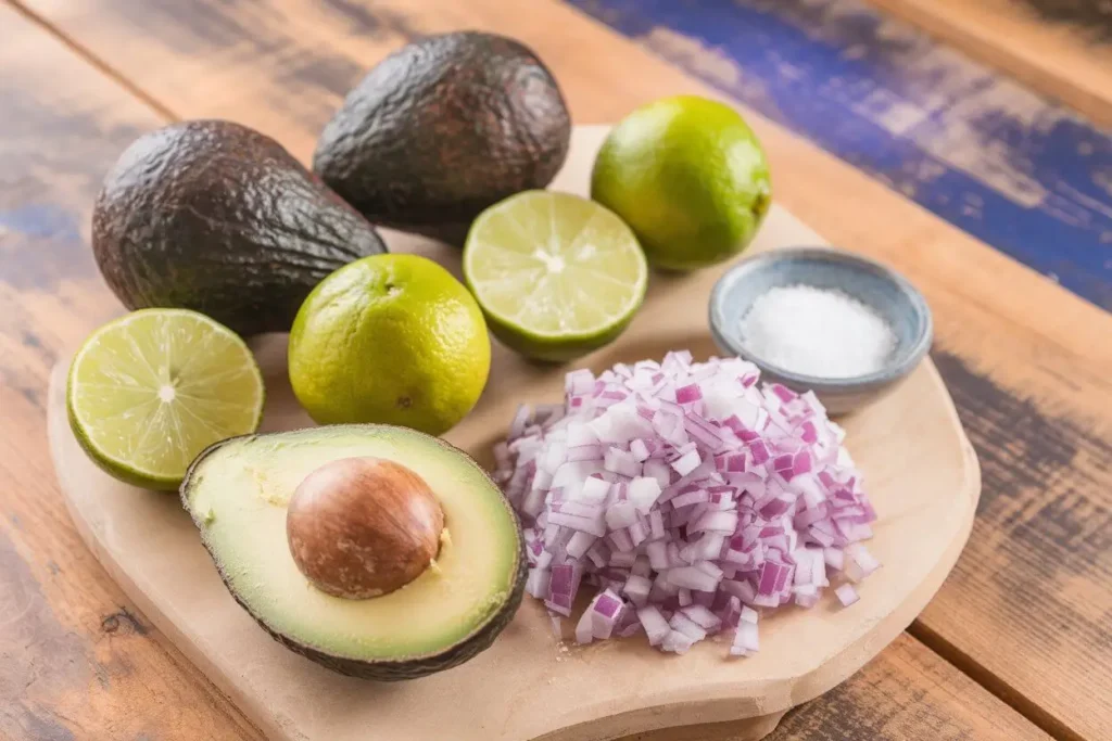 A close-up of fresh avocados, limes, chopped onions, and salt for making guacamole.