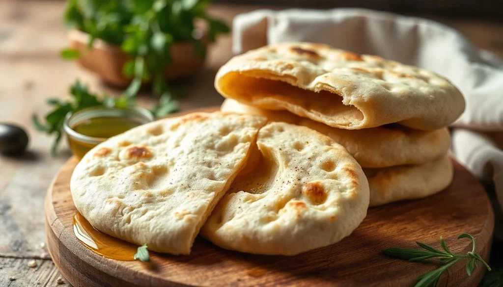 Stack of freshly baked pita pockets on a wooden board with olive oil and herbs.