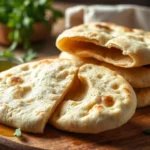 Stack of freshly baked pita pockets on a wooden board with olive oil and herbs.