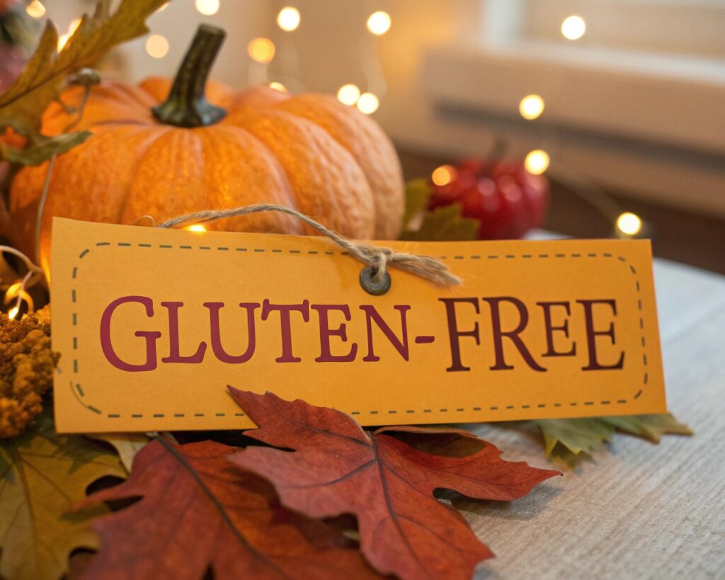 A food label marked gluten-free, placed next to a pumpkin and autumn leaves.