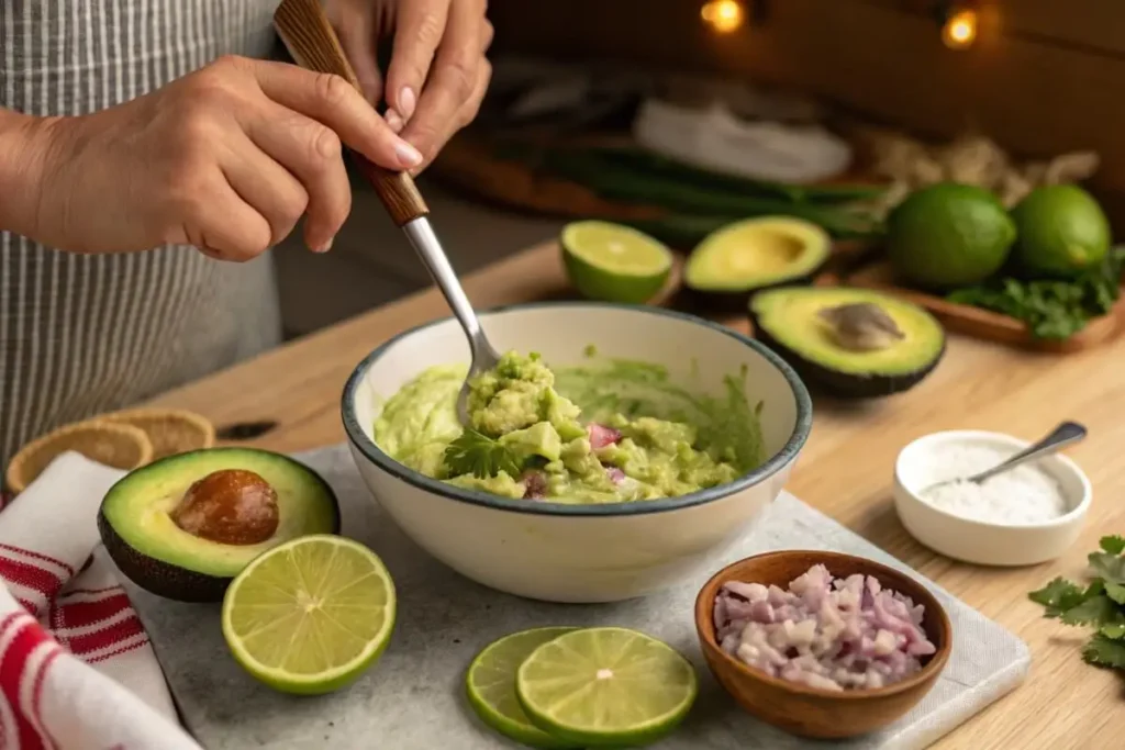  A person mashing ripe avocados with a fork for guacamole preparation.