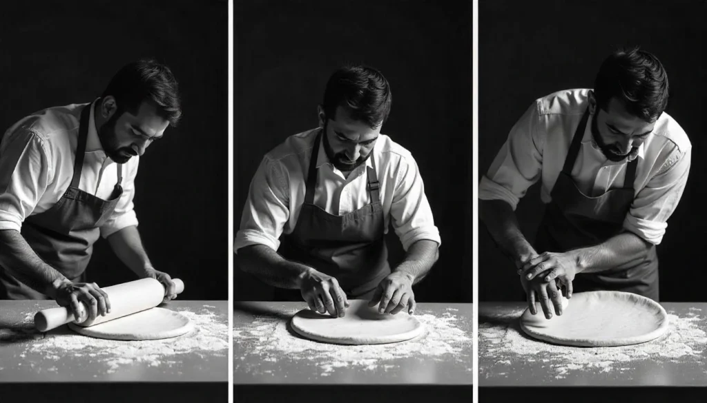 A collage showing the steps of making pita pockets, including kneading, rolling, and baking