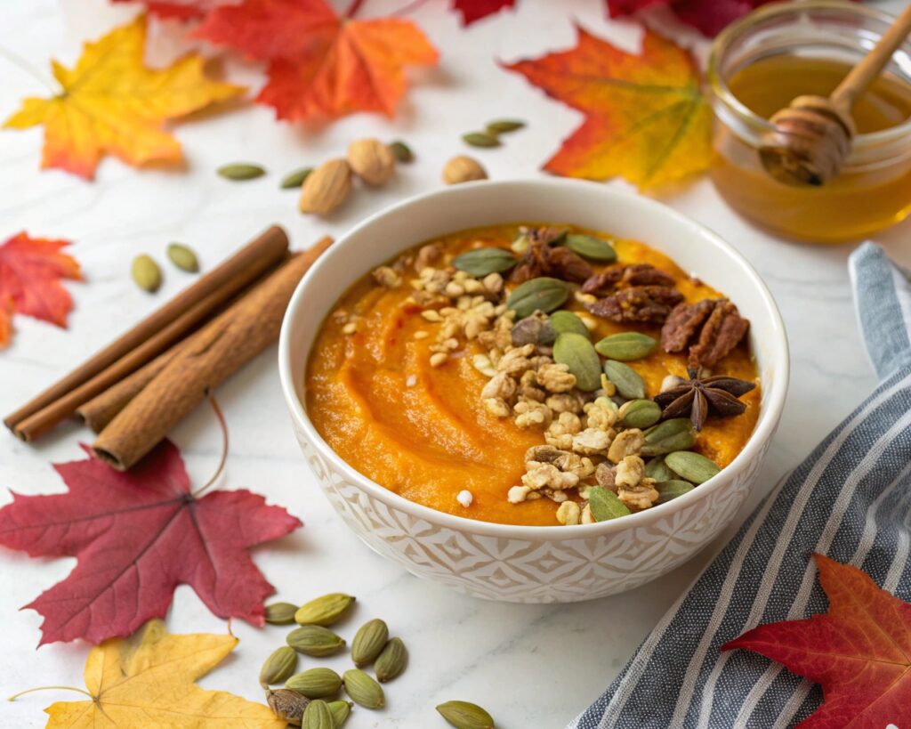 A Colorful Pumpkin Smoothie Bowl Garnished With Se