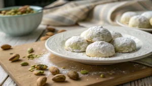 A plate of homemade pistachio wedding cookies dusted with powdered sugar.