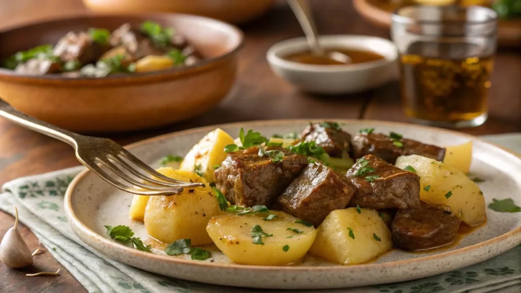 Plated Slow Cooker Garlic Butter Beef Bites & Potatoes
