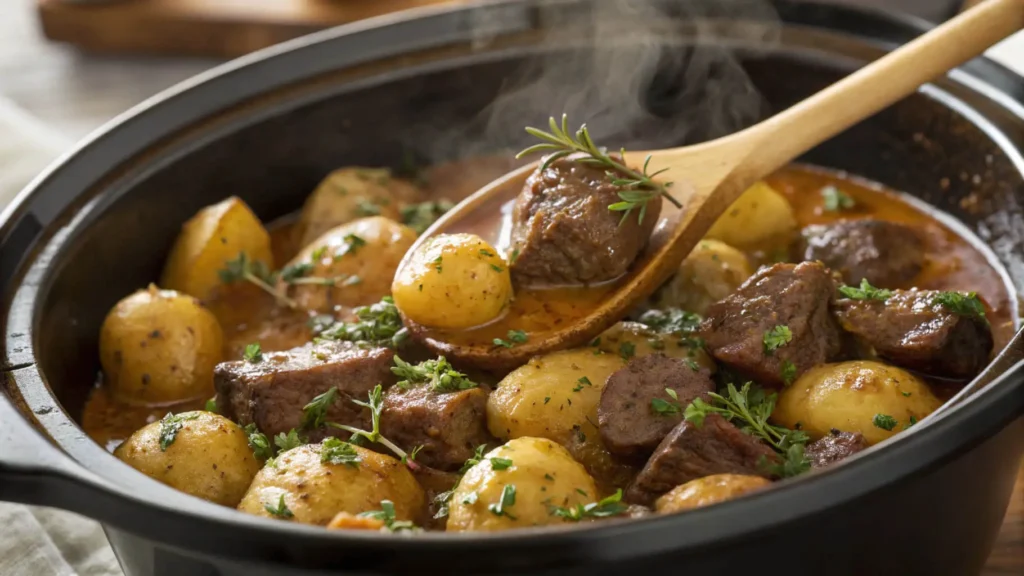 Slow Cooker Cooking Garlic Butter Beef Bites & Potatoes