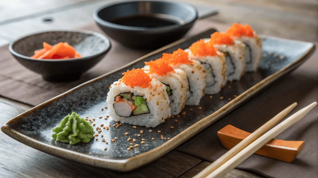 The Ultimate Tobiko Guide: Types, Uses, And Benefits A Beautifully Plated Sushi Roll On A Dark Ceramic (1)
