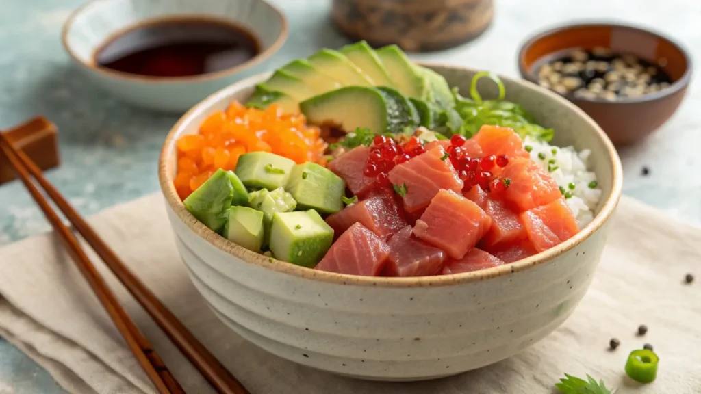 A Colorful Hawaiian Poke Bowl With Fresh Tuna Sal