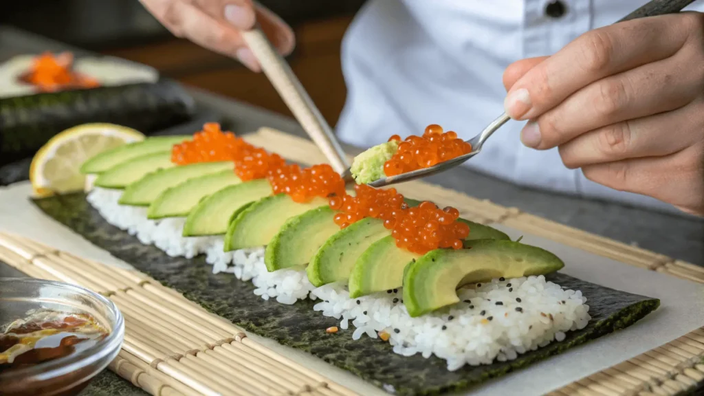 A Detailed Close Up Of A Sushi Roll Being Assemble (1)