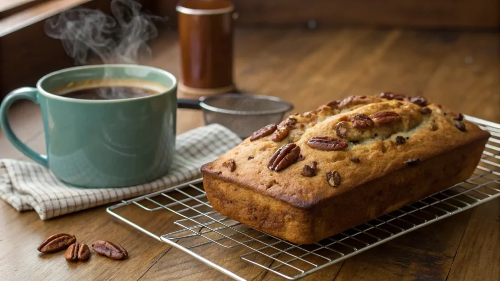 A Freshly Sweet Alabama Pecan Bread Loaf Cooling On A Wire