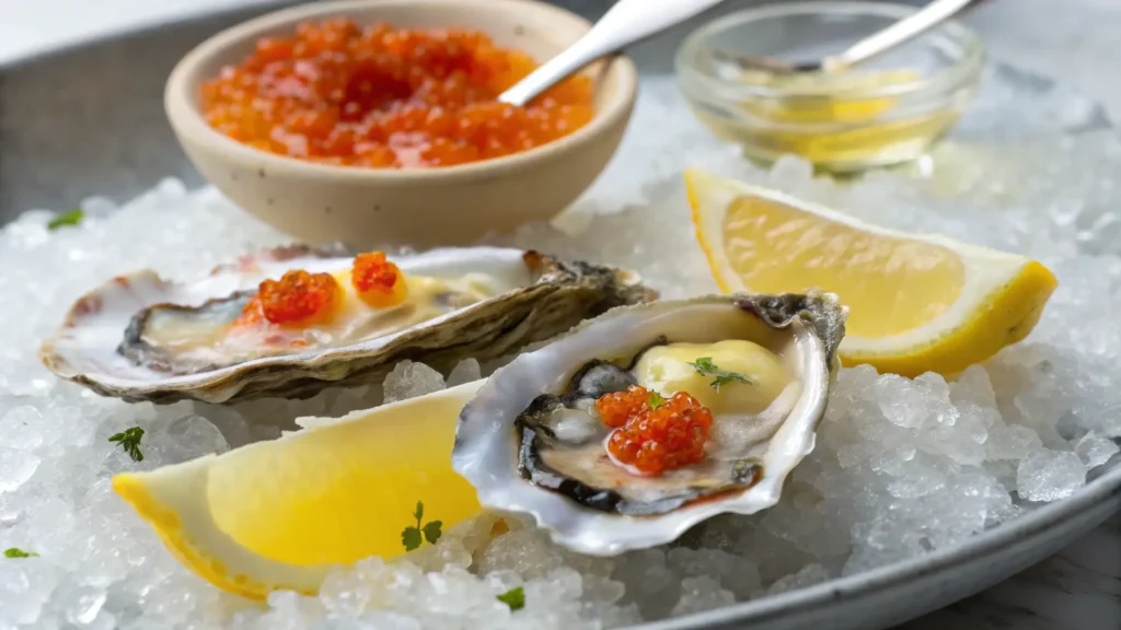Fresh Oysters Served On A Bed Of Crushed Ice Each