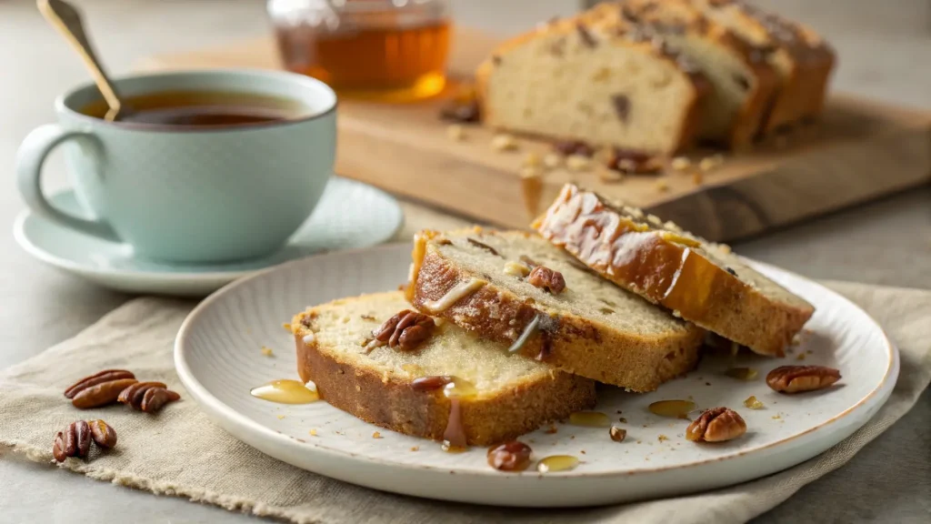 Slices Of Sweet Alabama Pecan Bread On A Plate Drizzled