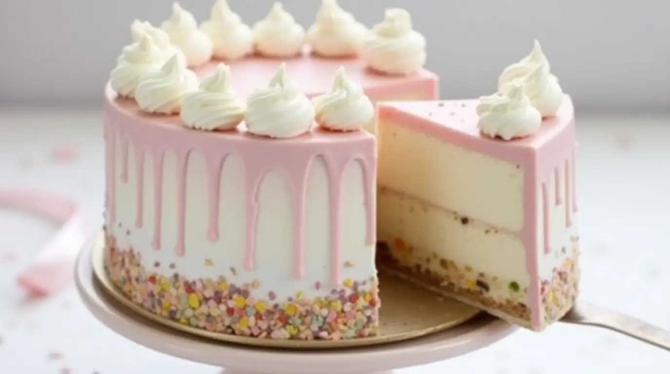 A creamy Heavenly Pistachio White Chocolate Cheesecake Cheesecake topped with whipped cream, chopped pistachios, and white chocolate shavings, set on a white cake stand