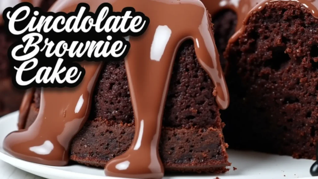 Chocolate ganache being poured over a Brownie Cake.