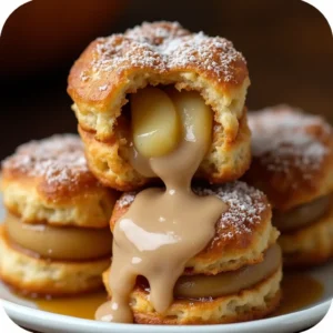 Close-up of Apple Pie Biscuits caramel-filled biscuits with caramelized pears, dusted with powdered sugar.