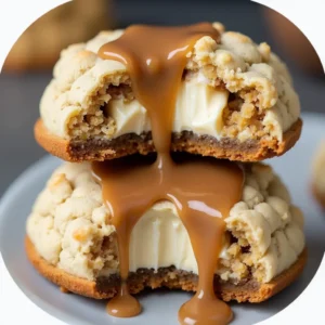 Caramel Cheesecake Cookies on a plate – A soft and chewy dessert with creamy cheesecake filling.