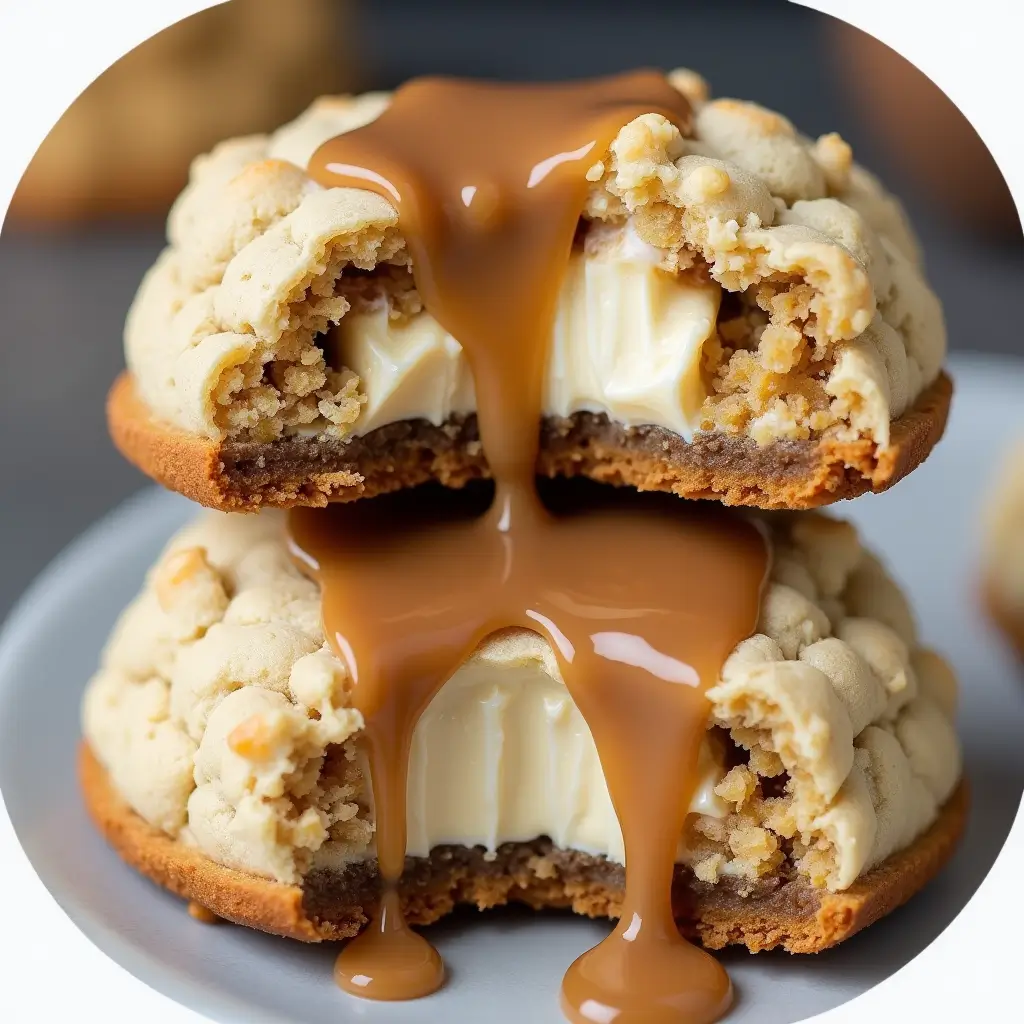 Caramel Cheesecake Cookies Caramel Cheesecake Cookies on a plate – A soft and chewy dessert with creamy cheesecake filling.